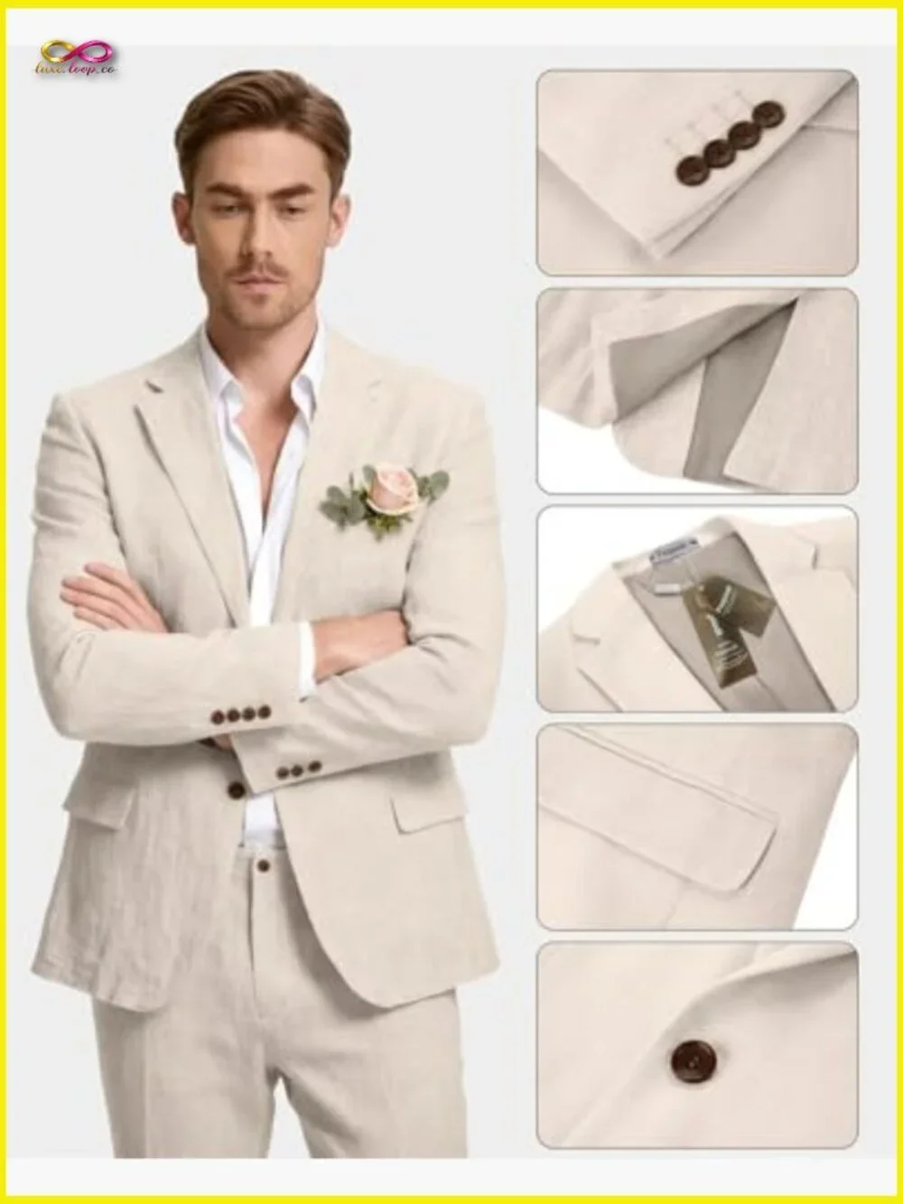 Retro Slim Fit Linen Suit Set 3 Piece Blazer Vest Pants Formal Casual